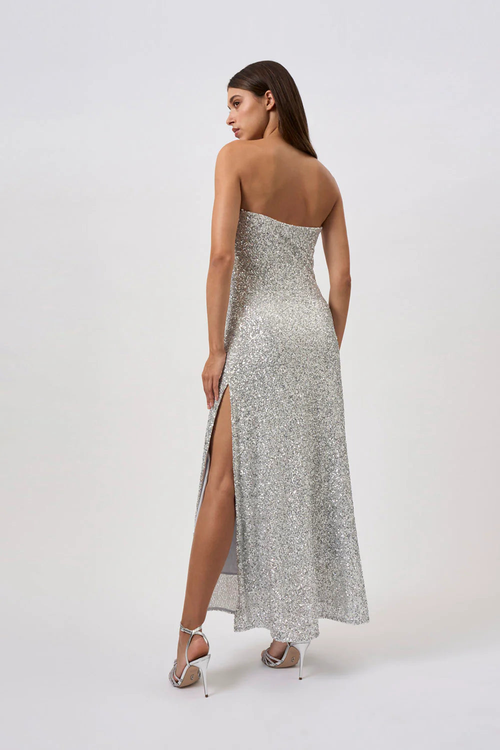 Skylar sequin long line dress, brushed silver