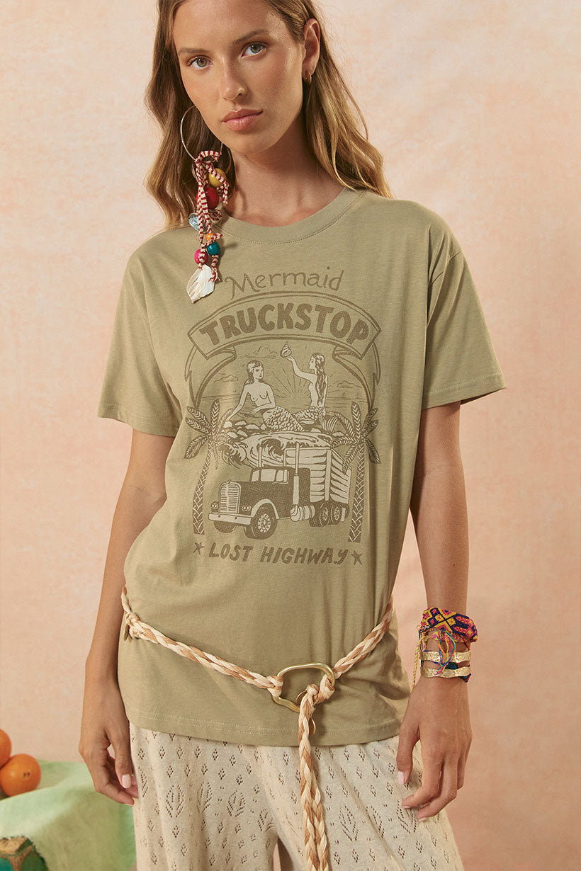 Mermaid truckstop biker tee, khaki