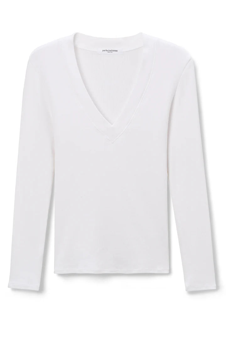 Viola V neck rib long sleeve, white