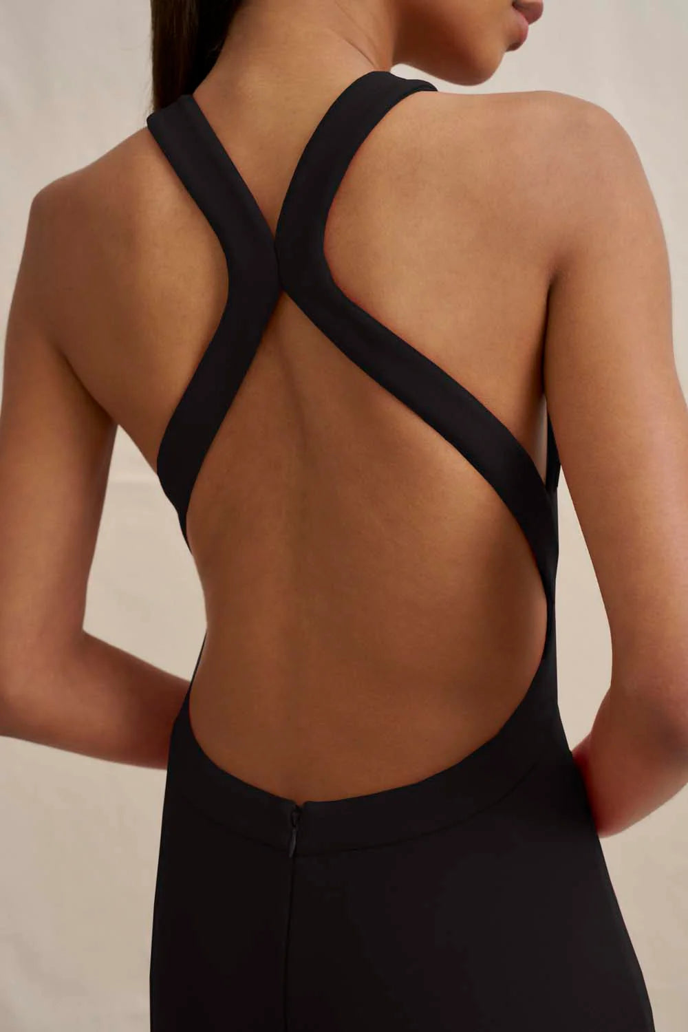 Velora open back jersey gown, black