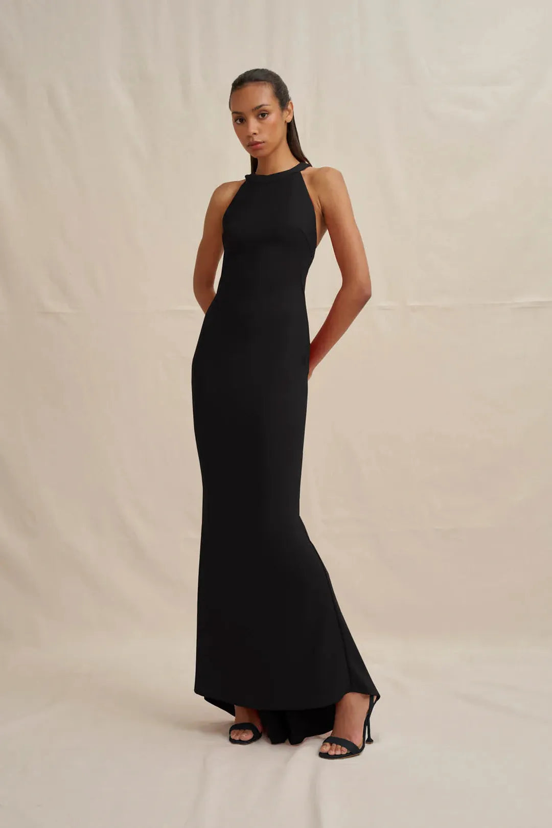 Velora open back jersey gown, black