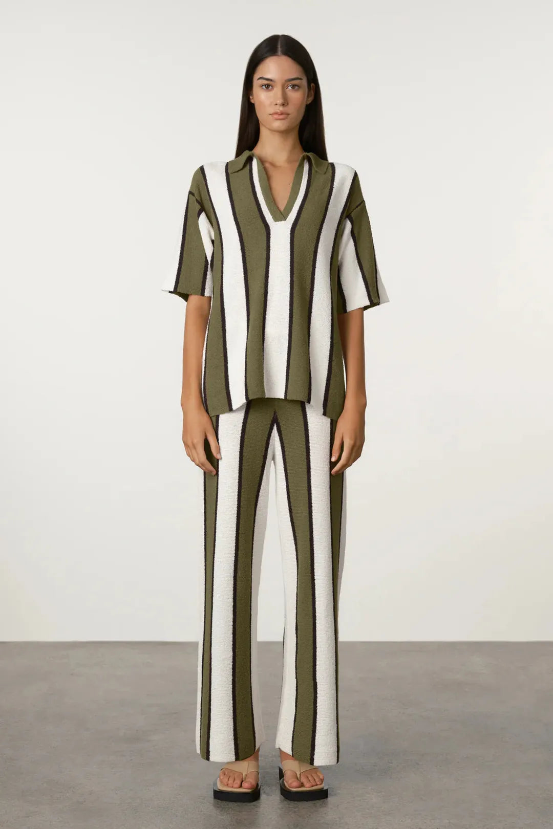 Olive stripe textured knit shirt,