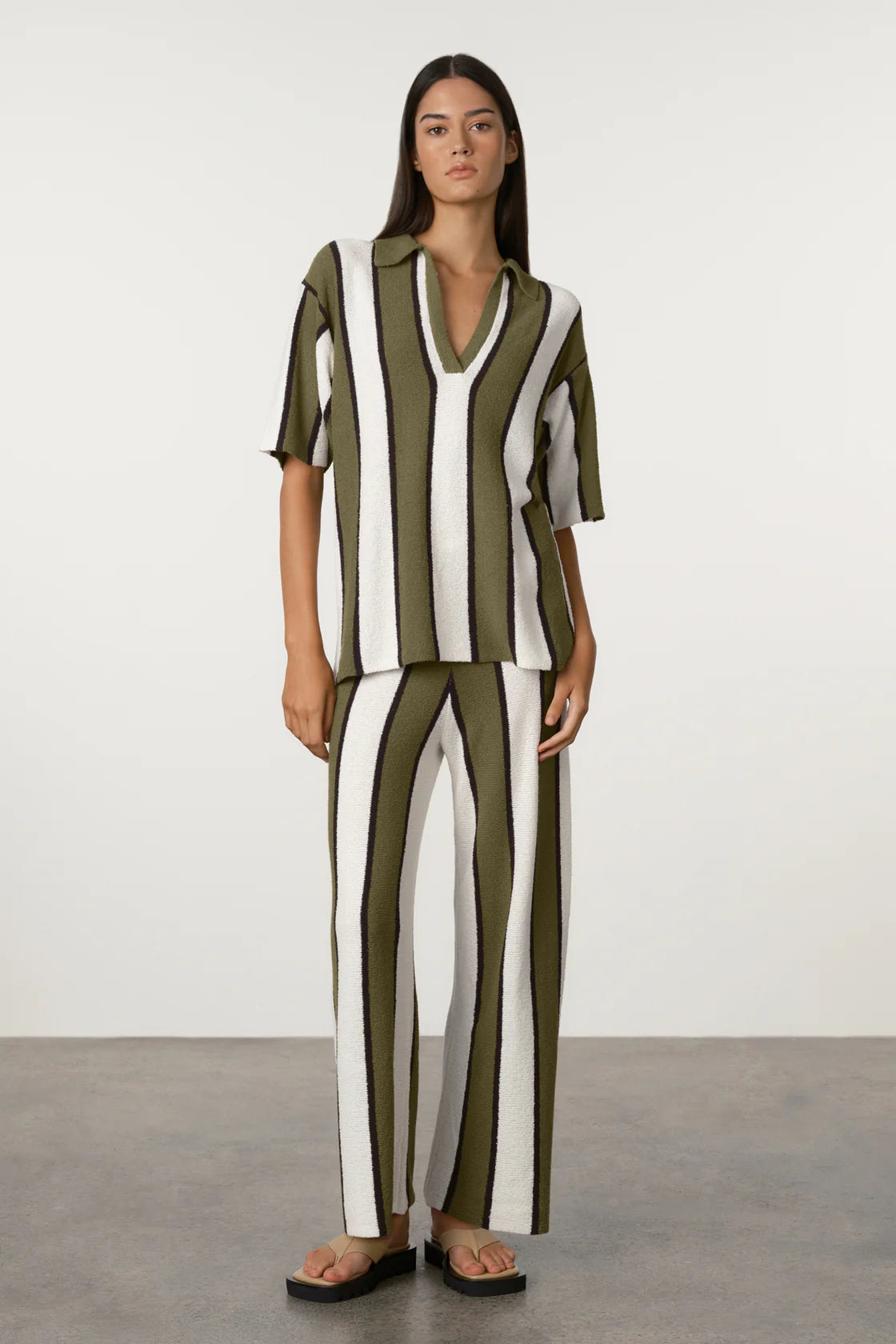 Olive stripe textured knit shirt,