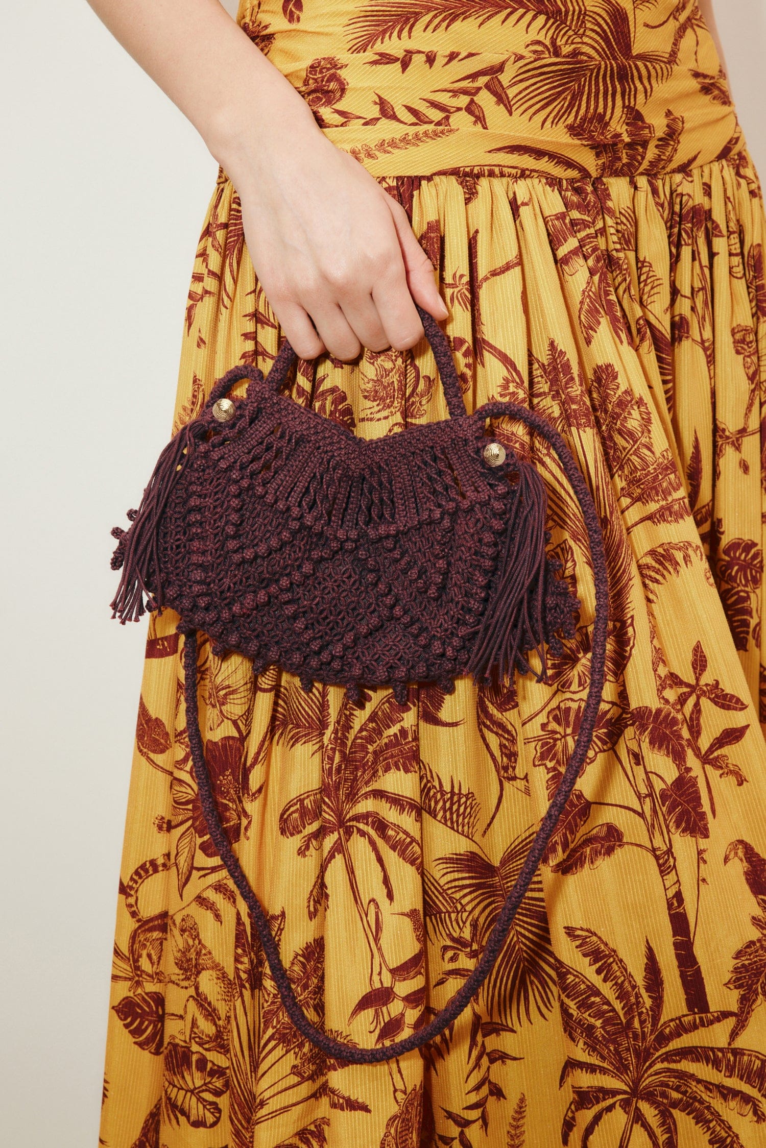 macrame crescent bag, bordeaux