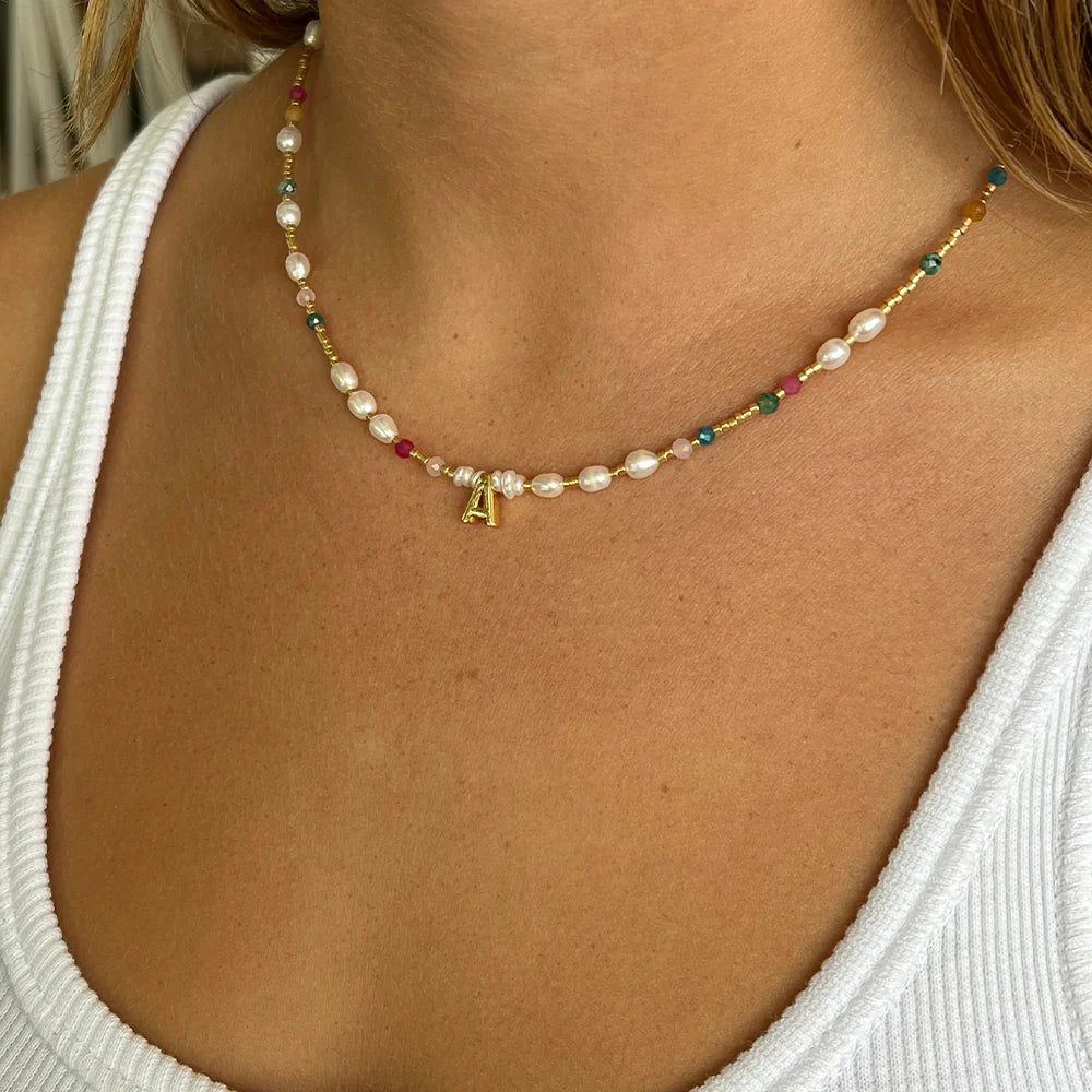 BEADED GEMSTONE AND PEARL INITIAL NECKLACE