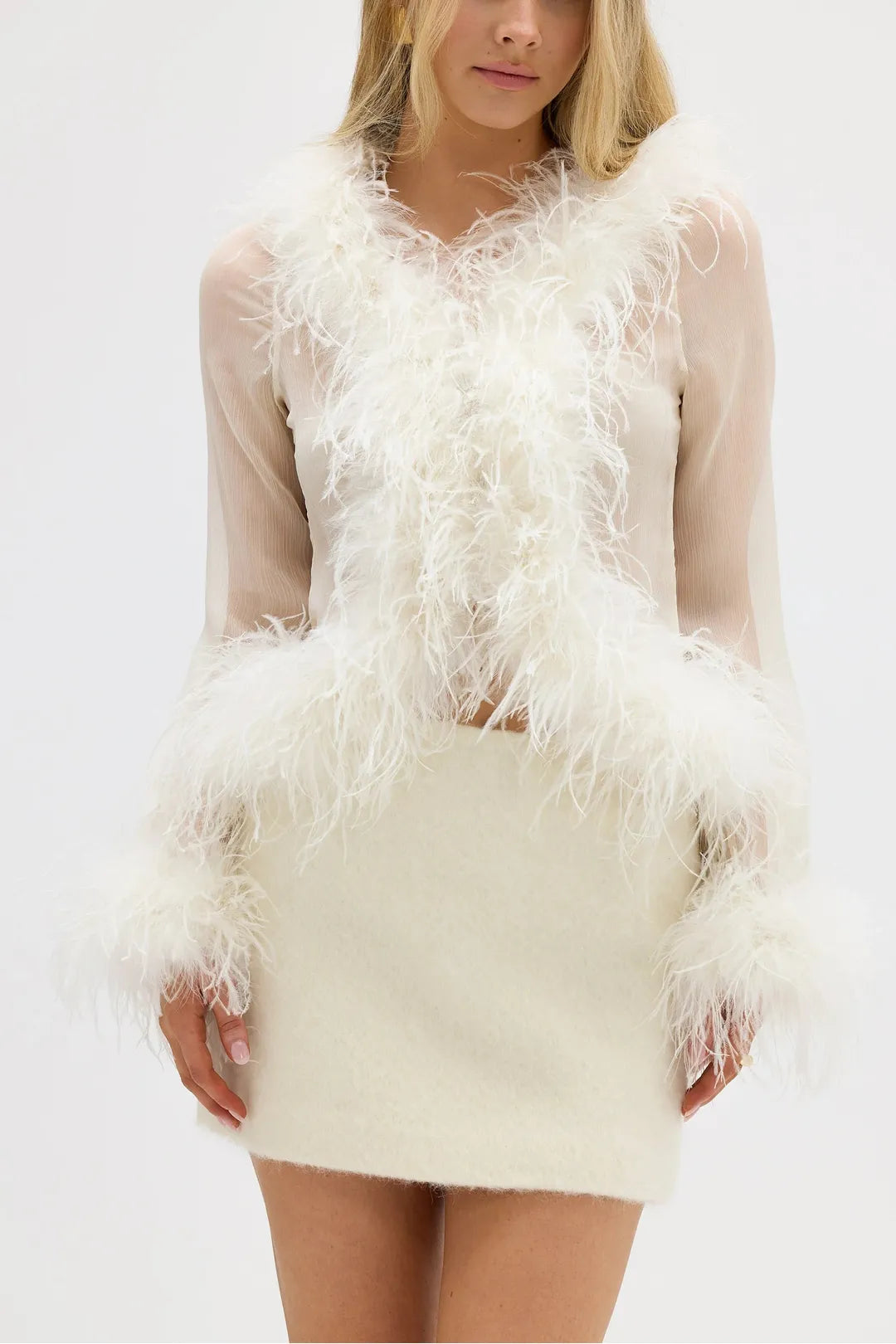 Gigi Sheer Feather Blouse, Ivory