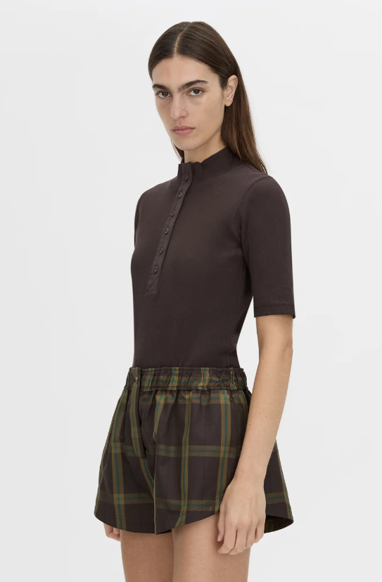 aubrey elbow sleeve rib top, hickory