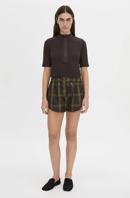 aubrey elbow sleeve rib top, hickory