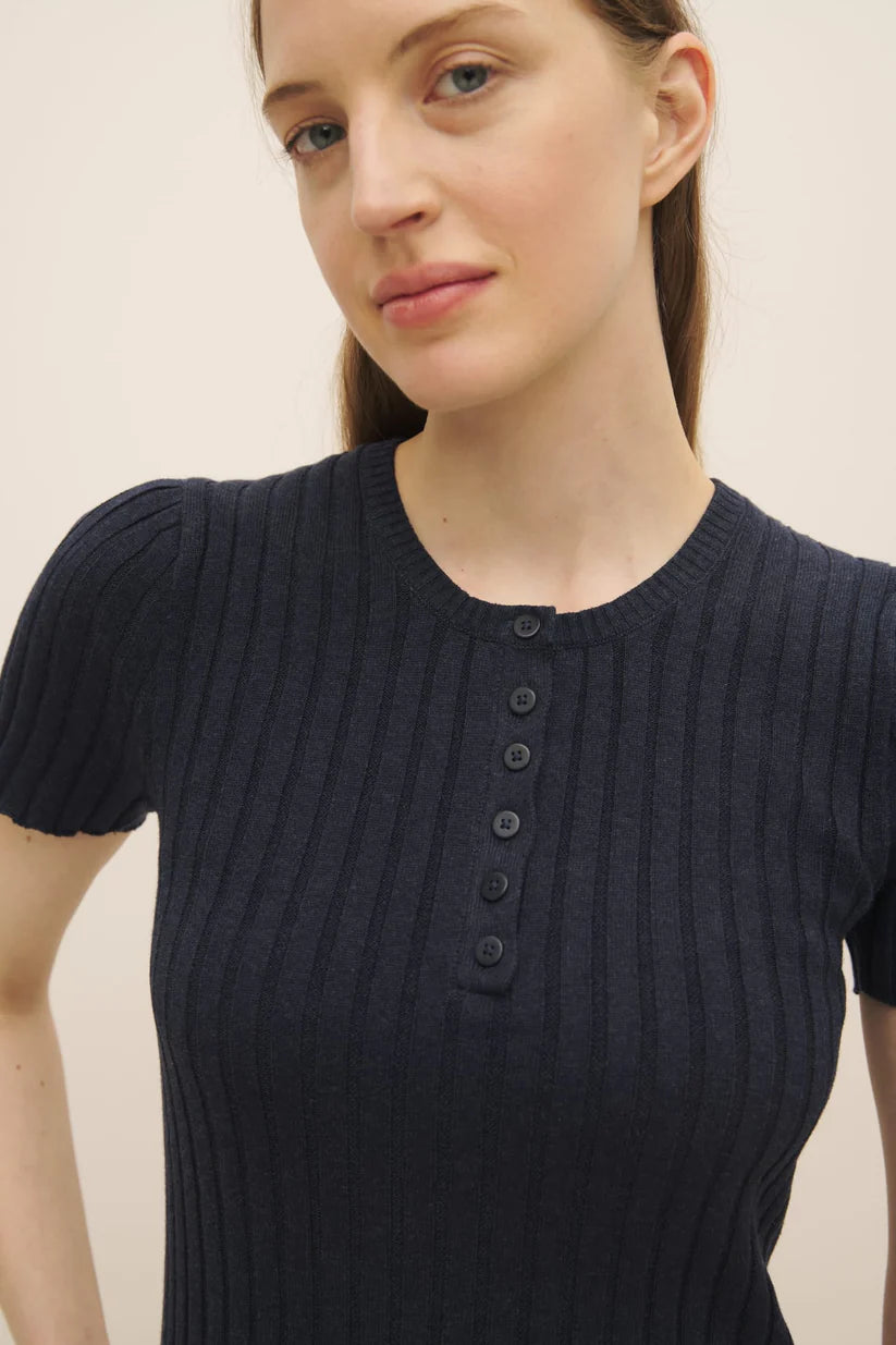 Henley knit top, navy marle
