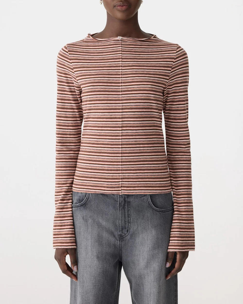 Stripe seam detail ls top, pink orange/plum