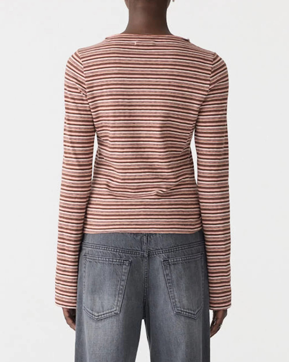 Stripe seam detail ls top, pink orange/plum