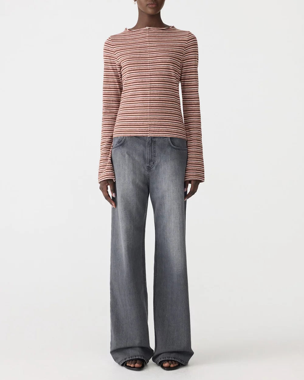 Stripe seam detail ls top, pink orange/plum