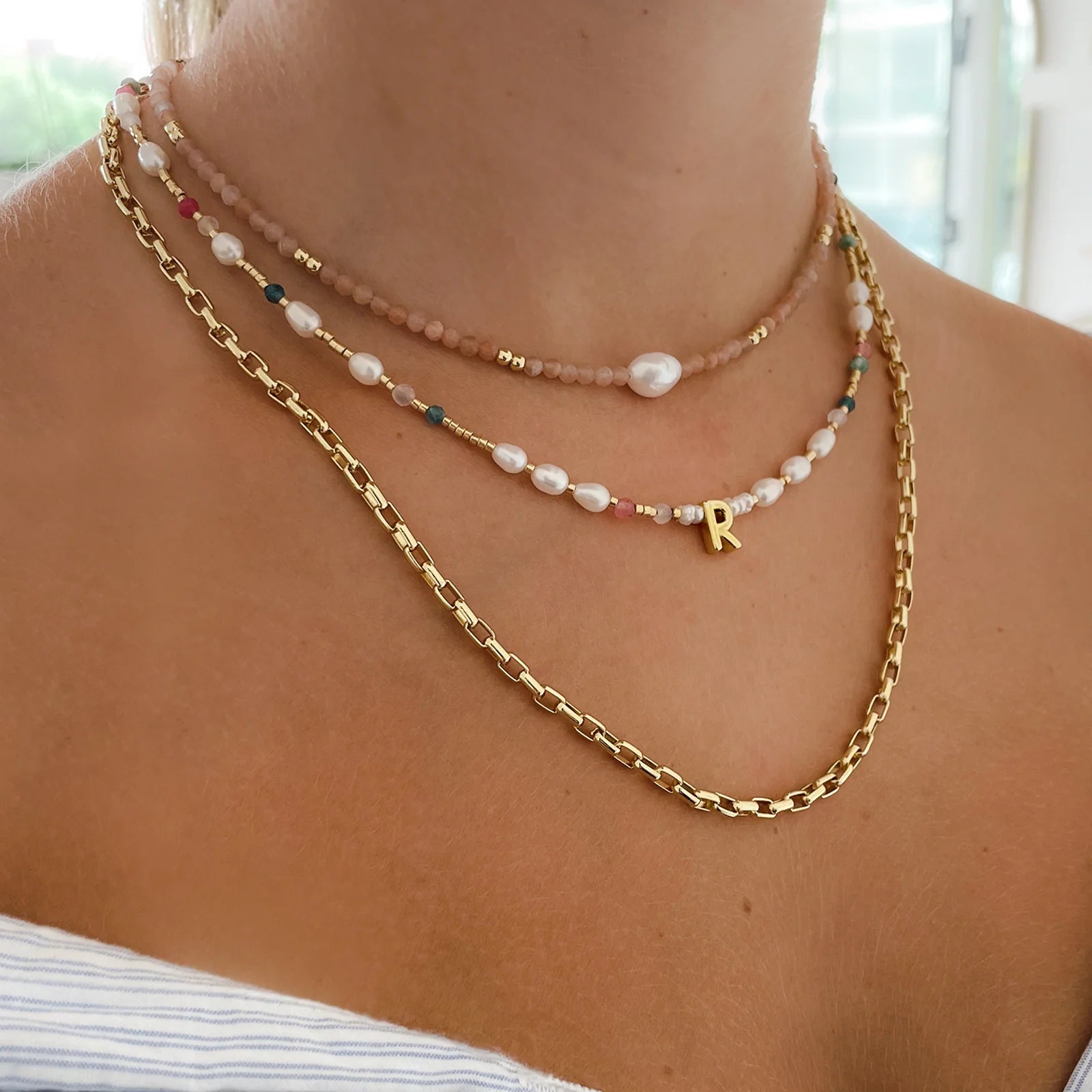 BEADED GEMSTONE AND PEARL INITIAL NECKLACE