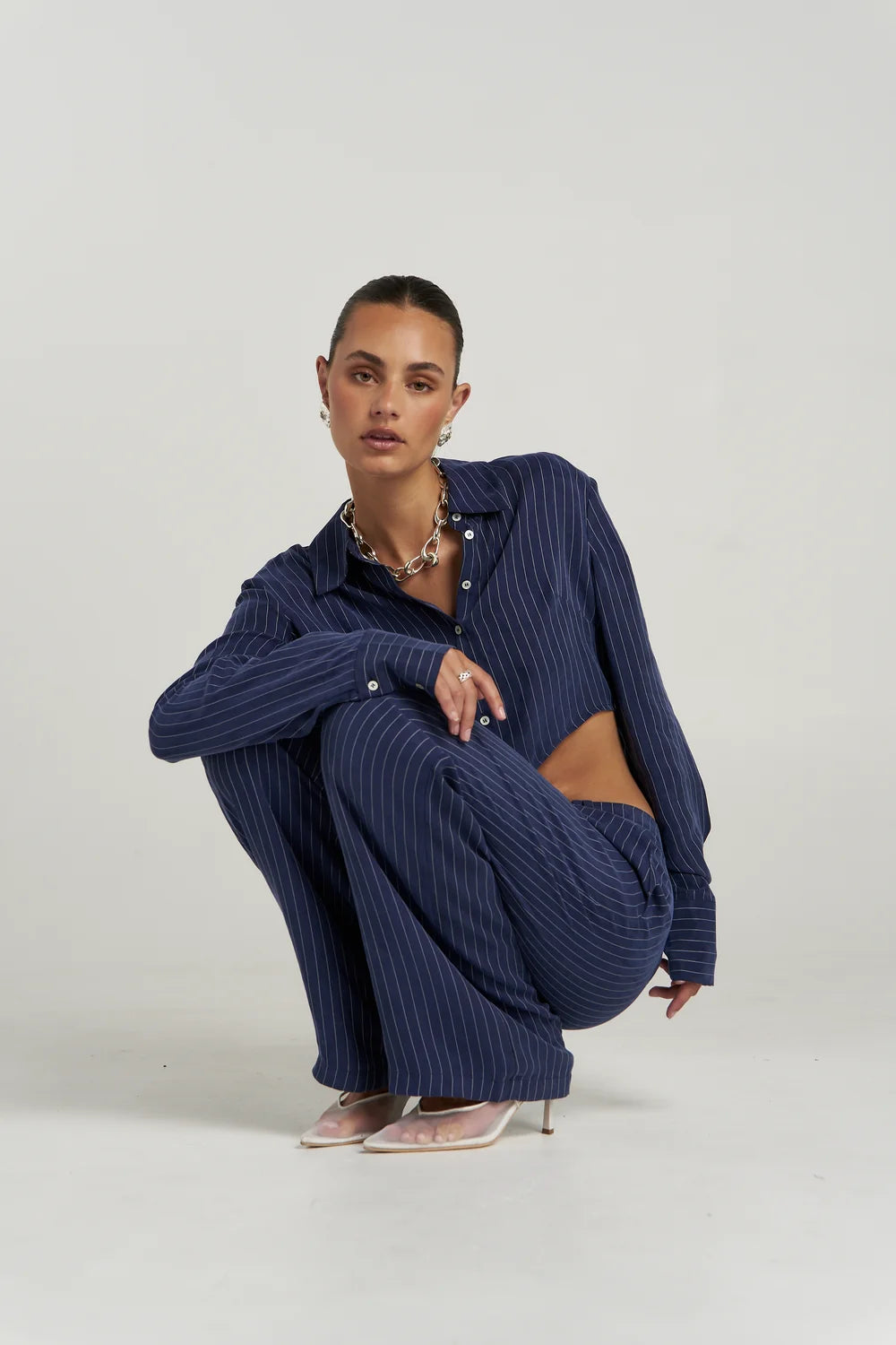 Gigi ls shirt, navy pinstripe