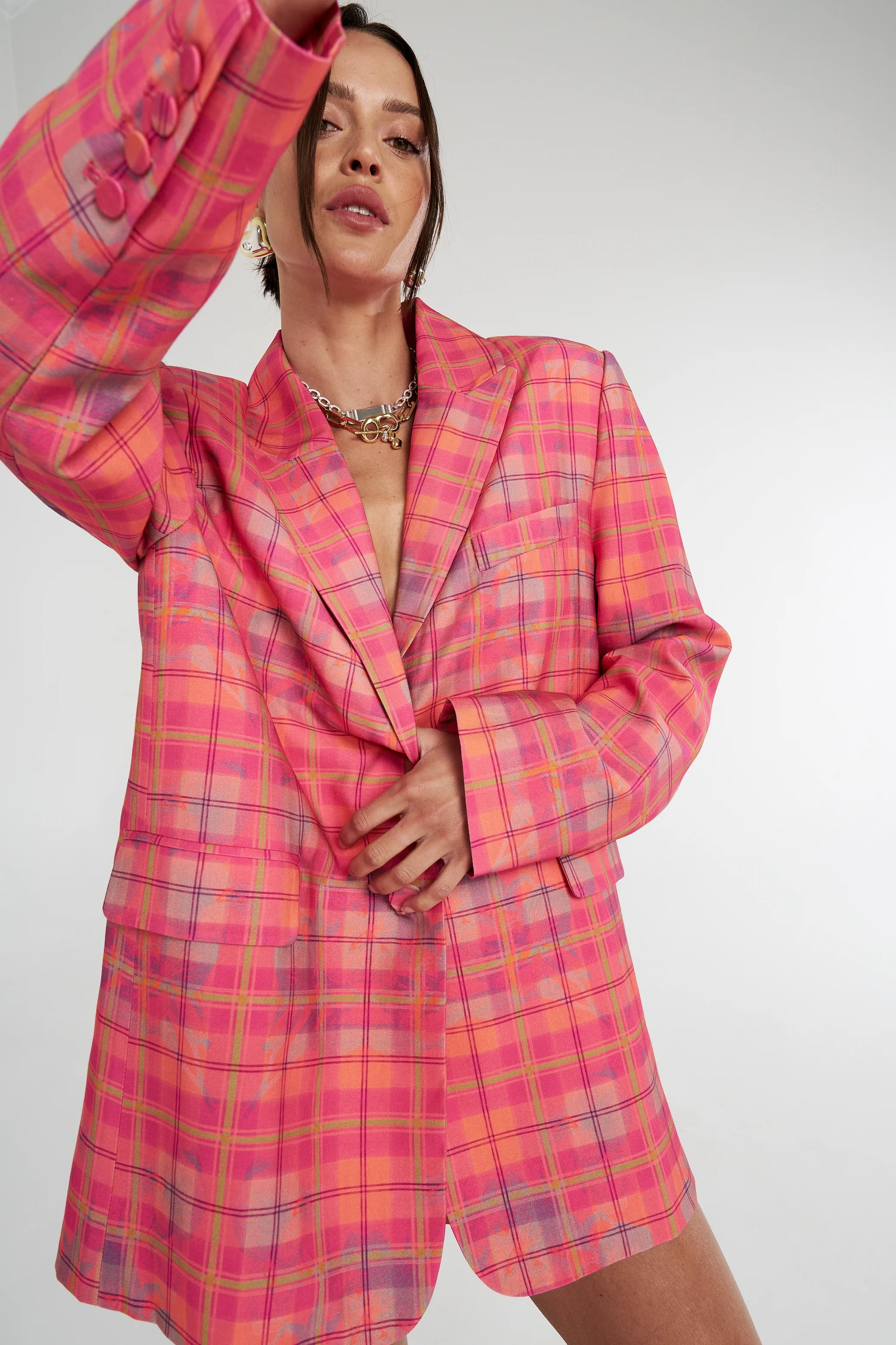 oversized blazer, neon plaid
