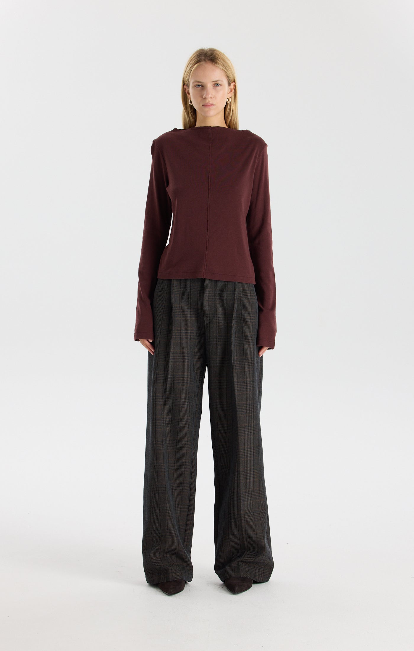 Front Seam Rib Long Sleeve T-Shirt, Cocoa