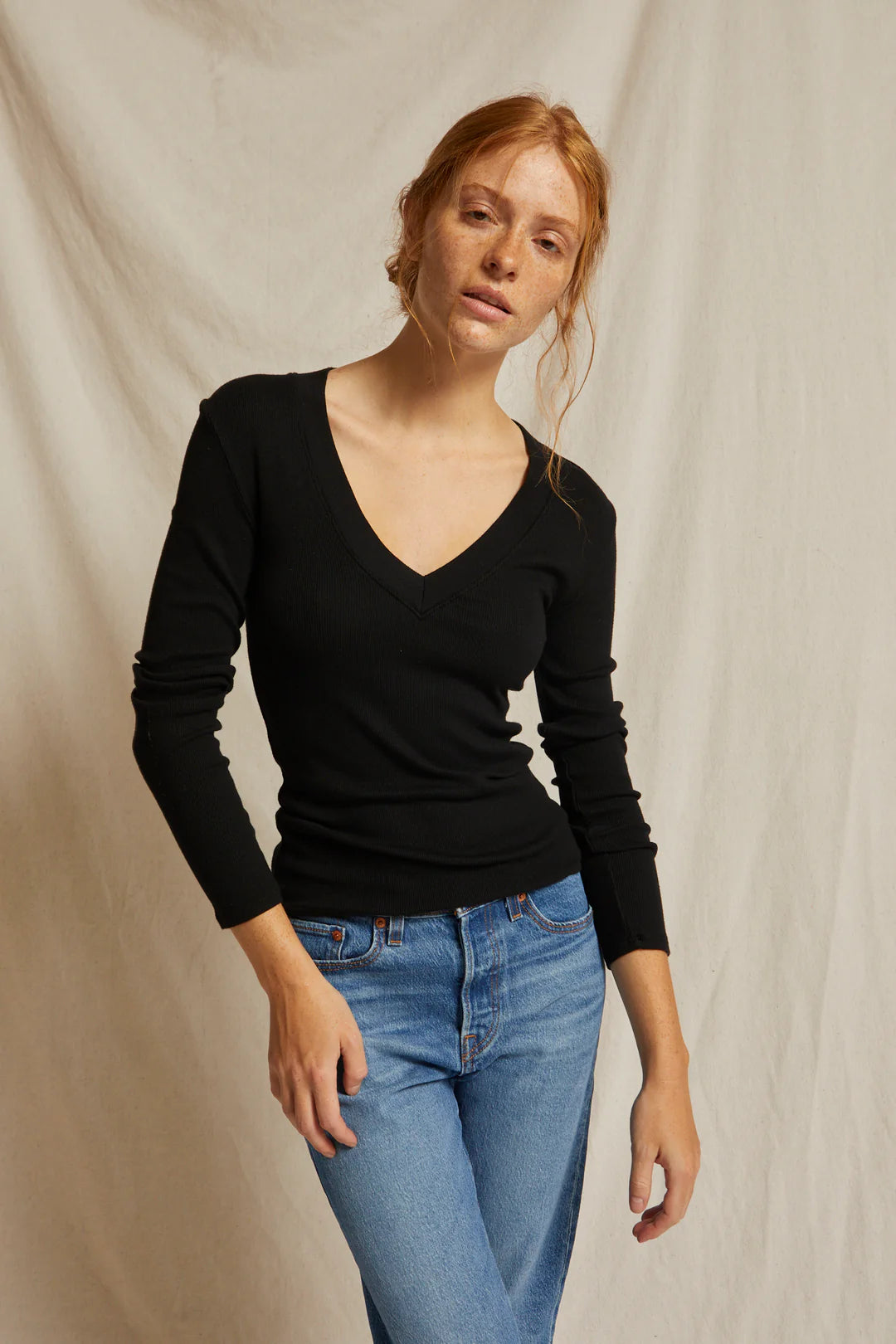 Viola V neck rib long sleeve, true black