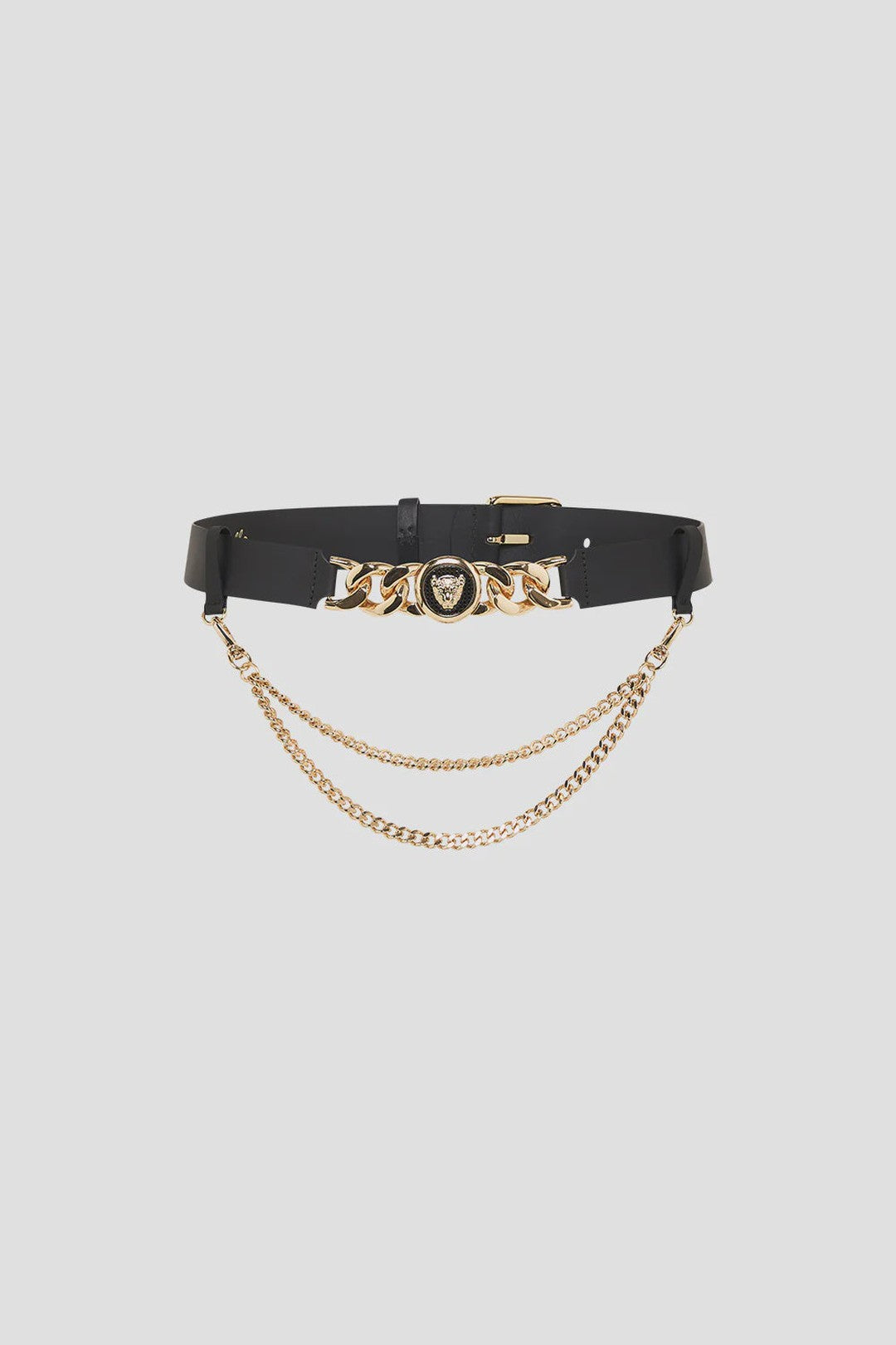 Leopard Button Belt With Chains, Solid Black